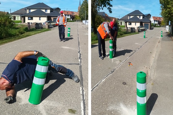 Installation de plots pour rétrécir la chaussée et sécuriser la rue du Moulin